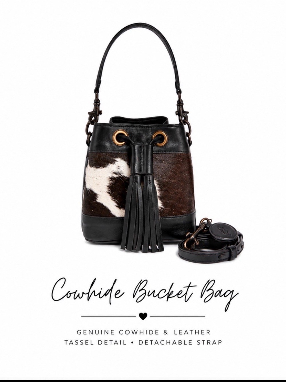 Cowhide and Leather Mini Bucket Bag with Tassel - Black & Brown